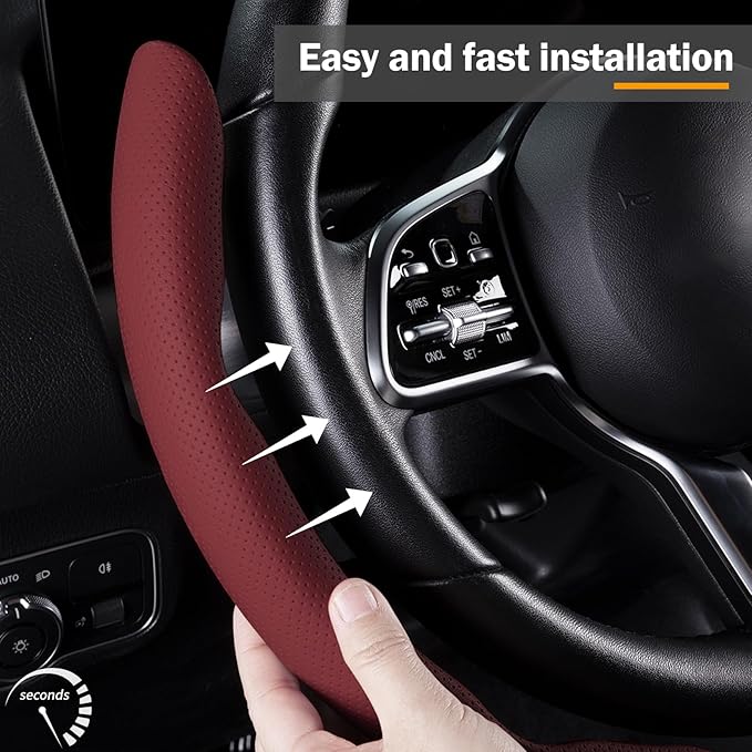 Car Steering Wheel Cover Leather Snap On 3Pcs Set Non-Slip Protector Wrap Steering Wheel Accessories 14.5-15 inch Universal W