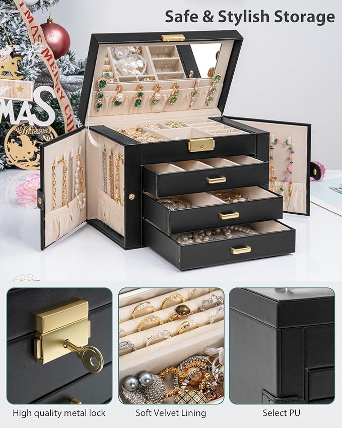 AKOZLIN Large 4-Tier Jewelry Box Leather Jewelry Storage Organizer with 3 Drawers Lockable for Women Girls Ring Necklace Earr