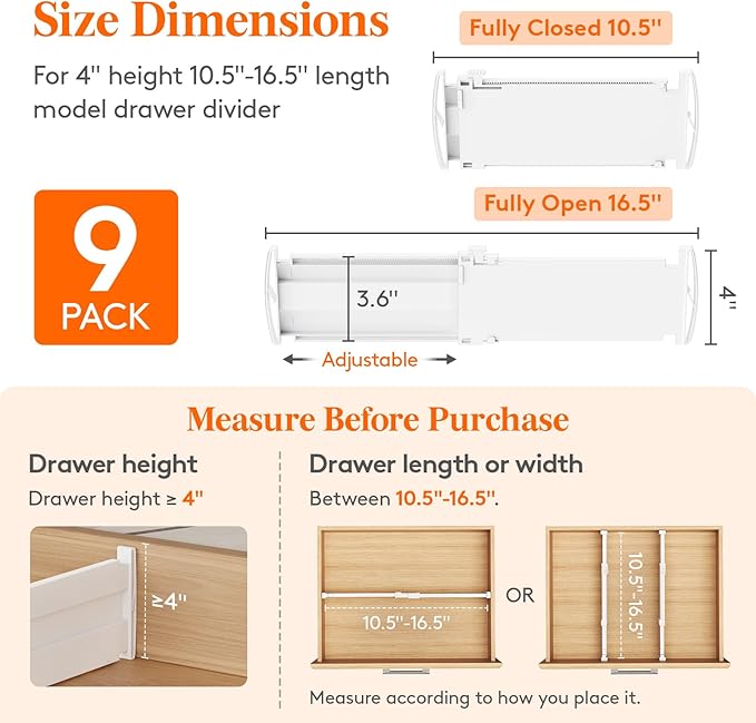 Lifewit 5" Tall 5 Pack Deep Drawer Divider, 11.5-18.5" Expandable Drawer Divider for Clothes with 9 Pack Drawer Dividers 4" H