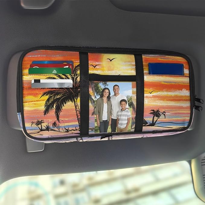Coconut Tree Zippered Tactical Sun Visor Organizer Universal Car with Straps and Pockets Car Sun Visor Organizer Storage with Picture Holder Easy Installation Universal Fit for Most Cars Suv