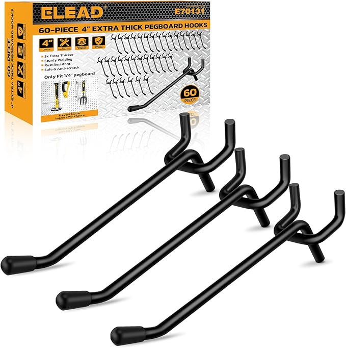 ELEAD 60-Piece 4 Inch Extra Thick Pegboard Hooks, Heavy Duty Peg Board Organizer Accessories, Peg Board Tool Hangers Fit for 