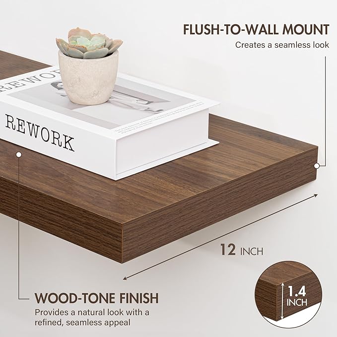12 Inch Floating Shelves, 12" Deep Floating Shelf Wall Mounted, 12" Wall Shelves, Rustic Deep Bookshelf, Extra Deeper Display