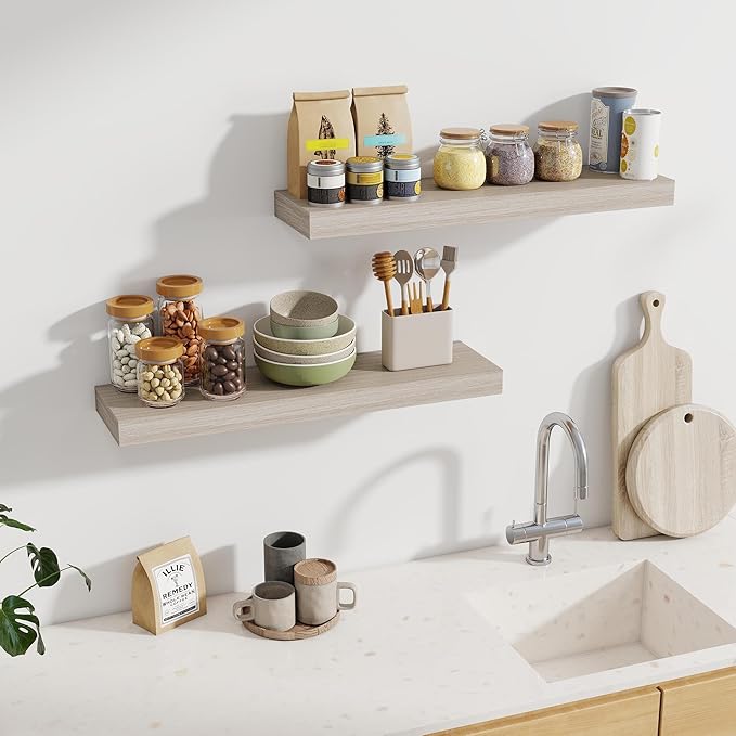 Fun Memories 30Inch Floating Shelves for Wall, 2 Pack Rustic Wood Shelves for Bathroom|Kitchen Wall Mounted Floating Shelf wi