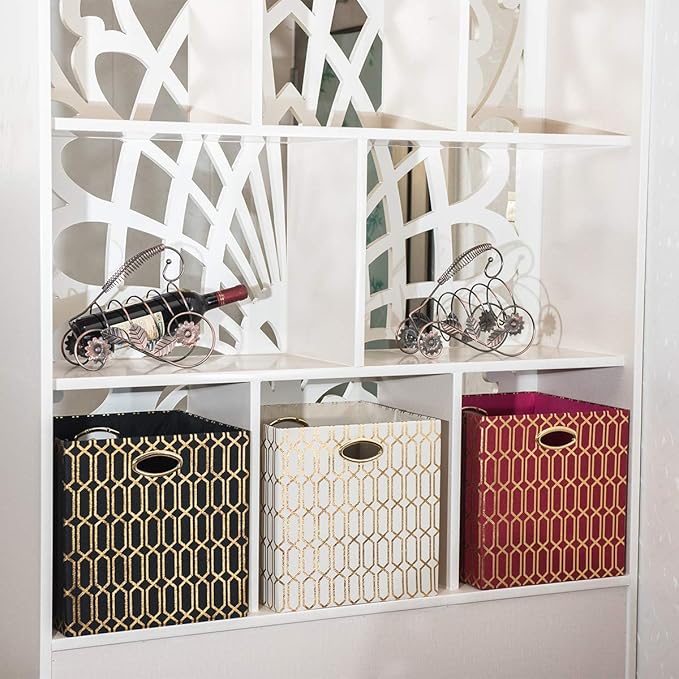 Posprica Storage Bins, Storage Cubes, 11×11 Fabric Drawers Organizer Basket Boxes Containers (11×11×11/4pcs, Cream/gold geome