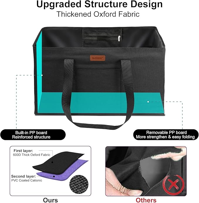 WONDAY Large Utility Tote Bag, Reusable Grocery Bags Collapsible Tote, Large Tote Bag With Handles Utility Tote Shopping Bags for Groceries, Storage, Picnic, Beach, Pool (Black)