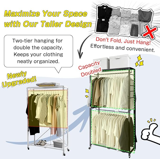 lumizone Folding Clothing Rack with Wheels Expandable Wardrobe Portable Clothes Rack for Hanging Clothes Adjustable Closet Sh
