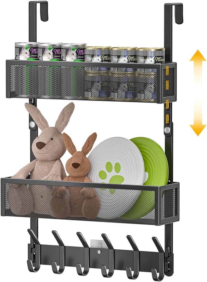 LUCYCAZ Adjustable Over The Door Hooks Organizer, Over The Door Towel Rack with 10 Coat Hooks & 2 Mesh Basket, Multi-Purpose 