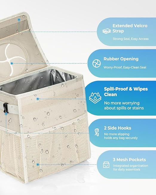Corduroy Car Trash Can with Lid and Mesh Pockets - Leakproof Organizer,Multipurpose Waterproof Garbage Can/Trash Bin for Car(Off-White-3 Gallons)