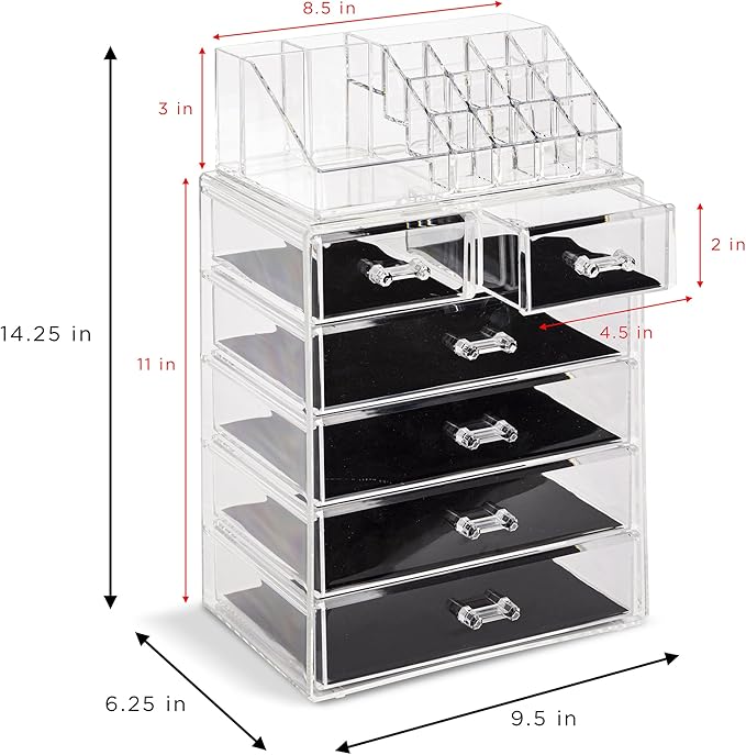 Sorbus Acrylic Makeup Organizer Set, 6-Drawer Vanity & Countertop Cosmetic Storage with Small & Wide Compartments, Clear Make