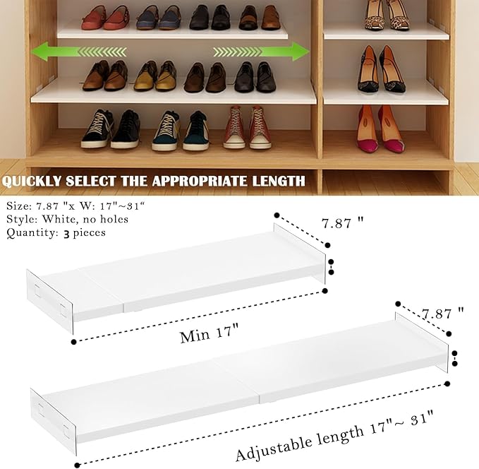 Expandable Closet Organizer Shelves, 3 Pack Adjustable Metal Storage Shelves Dividers for Wardrobe Cupboard Kitchen (White,7.