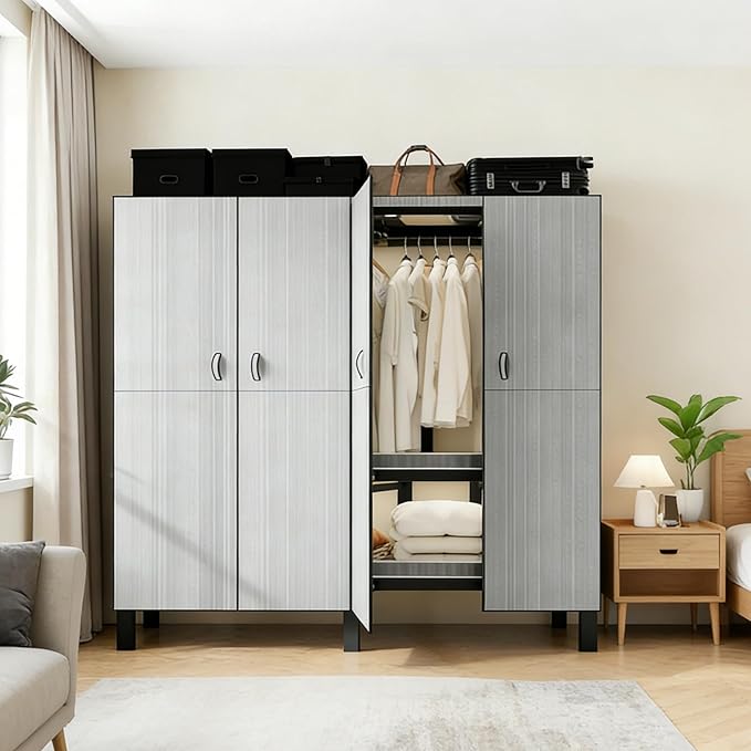 Freestanding Heavy Duty Wardrobe Closet with Magnetic Door, Portable Metal Closets, Foldable Wardrobecloset Organizers and St