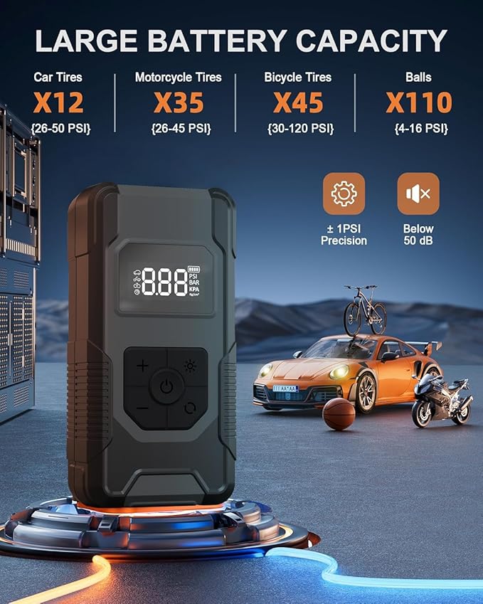 Tire Inflator Portable Air Compressor - 4X Faster Inflation Cordless Mini Air Pump with Digital Pressure Gauge with Digital Pressure Gauge/LED Light Portable Tire Inflator for Car Moto Bike Ball etc