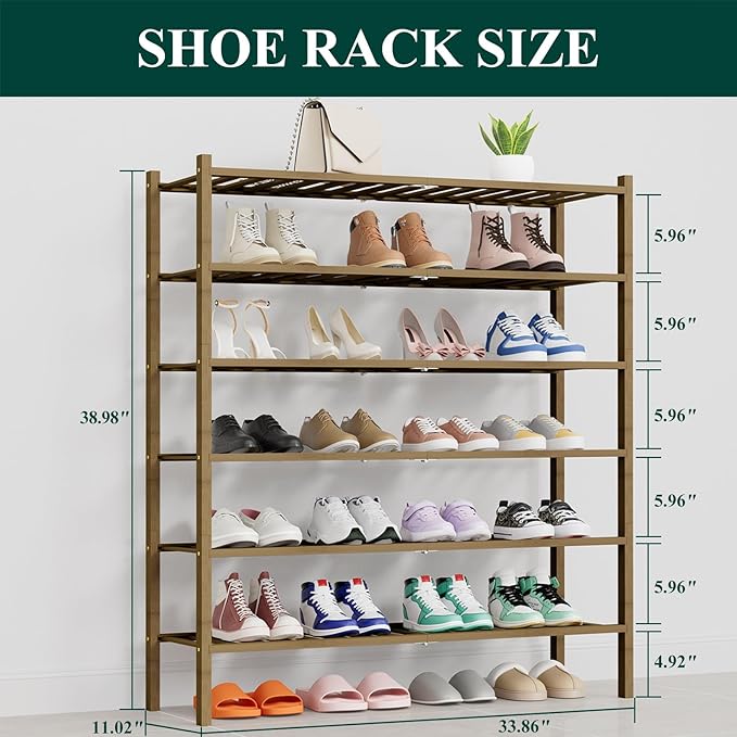 Smiry Shoe Rack, 6 Tier Thick Long Bamboo Shoe Organizer, Stackable Free Standing Wooden Shoe Storage Shelf for Closet, Entry