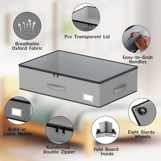 Under Bed Storage with Wheels, No Assemble Required 7.5 inches height Under Bed Storage bins,Large capacity Rolling Underbed 