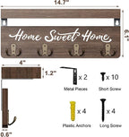 buways Wall-Mounted Key and Mail Holder, Wooden Key Rack with 4 Double Key Hooks, Rustic Home Decor for Entryway