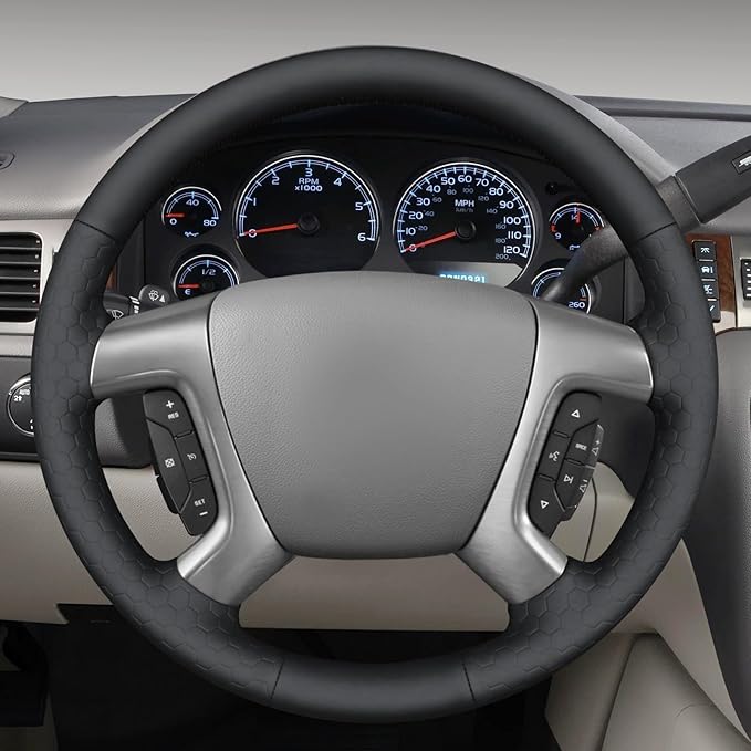 MEWANT DIY Hand Stitch Steering Wheel Cover for Chevy Silverado 1500 Avalanche Hive Embossed Faux Leather Steering Wrap