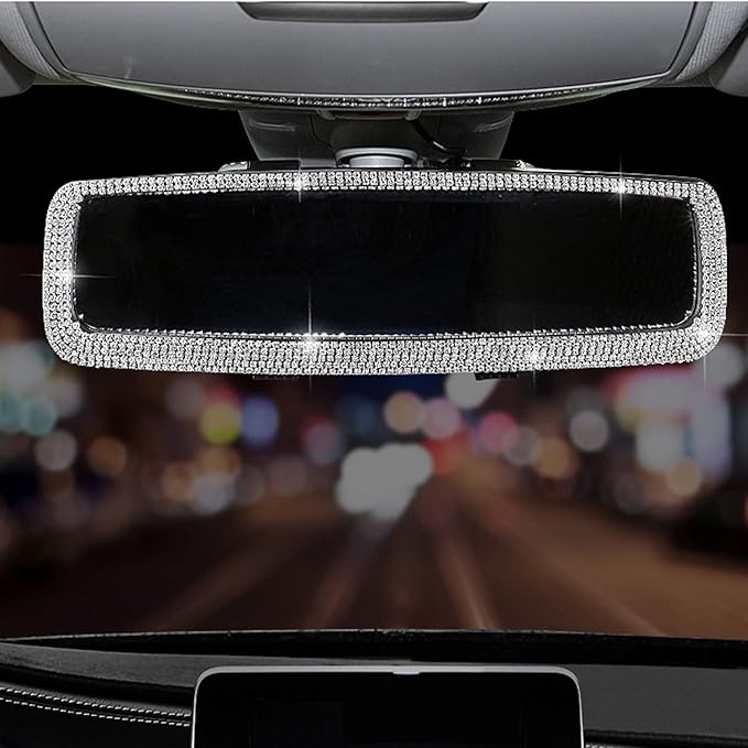 Rhinestone Car Rear View Mirror with Crystal Diamonds Rhinestones Cars Rear View Mirrors for Women,Car Interior Trim. (Sliver)