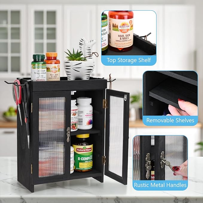 Ikee Design Wooden Countertop Storage Cabinet with Wavy Magnetic Door, Adjustable Shelves, Removable Hooks. Perfect for Perfu