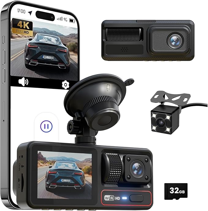 3 Channel Dash Camera for Cars,Triple Lens 4K+1080P+1080P Dash Cam Front Rear Inside,Built-in 5G WiFi & App, Night Vision,24H