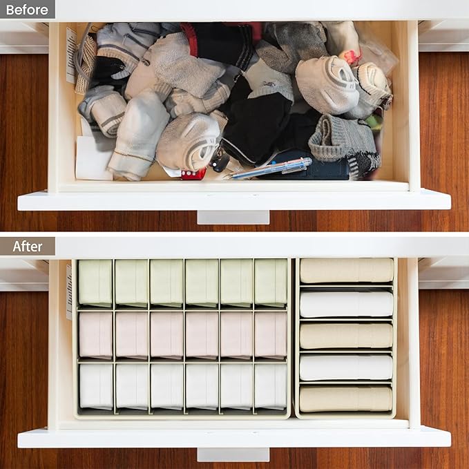 Drawer Organizer Clothes Set, 4 Pack Foldable Dresser Closet Dividers (6/8/7/24-Cell), Non-Woven Underwear & Sock Drawer Orga