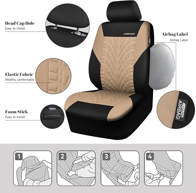 CAR PASS Car Seat Covers Full Sets, Front & Split Rear Bench for Car, 3D Tyre Embossed Automotive Interior Covers, Airbag Com