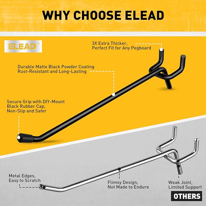 ELEAD 60-Piece 6 Inch Extra Thick Pegboard Hooks, Heavy Duty Peg Board Organizer Accessories, Peg Board Tool Hangers Fit for 
