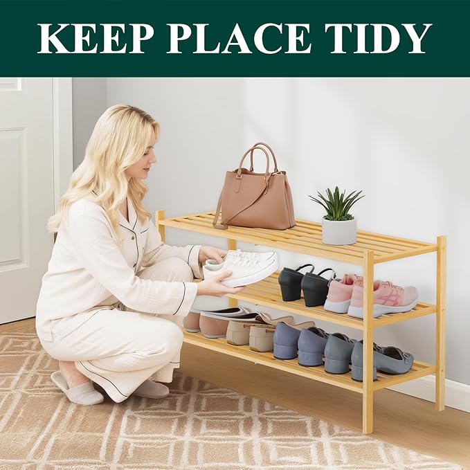 Smiry Long Bamboo Shoe Rack 3-Tier, Stackable Wooden Shoe Organizer for Entryway & Closet, Free Standing Wood Shoe Storage Sh