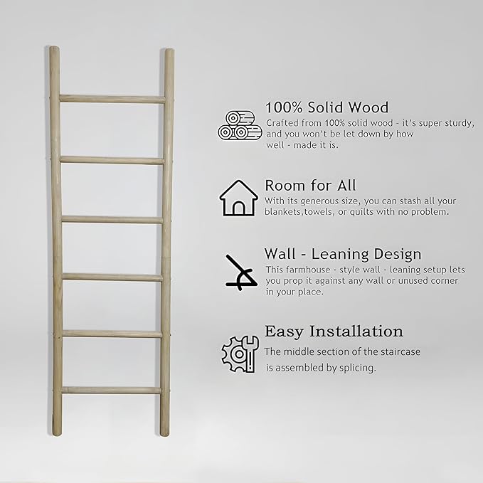 Wooden Blanket Ladder -77x24in Natural & Motley Wood - Leaning Wall Decor for Bedroom, Bathroom, Living Room - Rustic Quilt H