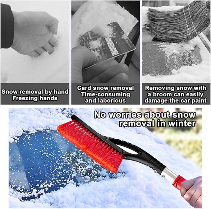 27" Snow Brush and Ice Scrapers for Car Windshield and Window, Detachable Winter Snow Remover Ice Shovel Tool with Ergonomic Foam Grip & No Scratch Bristles, Car Accessories for Truck SUV (Red)