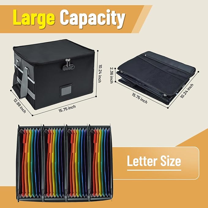 File Box with Hanging Folders Important Fireproof Document Organizer with Lock Collapsible Portable File Box with Handle for 