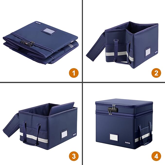 DocSafe File Box with Lock,Multi-Layer Fireproof Document Box Collapsible File Storage Organizer with Pockets/Handle,Large Po
