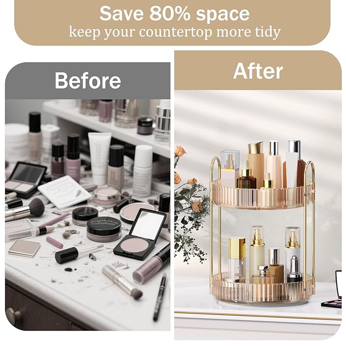 MOKANI 360 Rotating Makeup Organizer for Vanity, 2 Tier Adjustable Perfume Organizer for Dresser, Multi-Function Spinning Cos