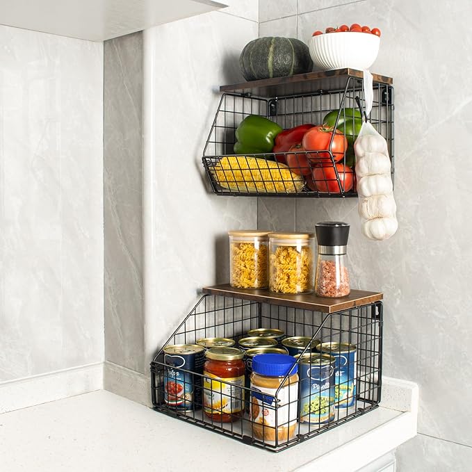 Mefirt Fruit Basket, Stackable Wall Mounted Fruit Baskets, Potato Baskets Onion Storage for Kitchen, Hanging Wire Basket with