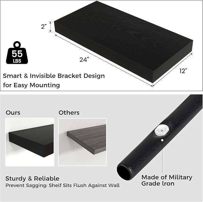 Floating Shelves for Wall, 24 Inch Wide x 12 Inch Deep Floating Shelves, Long Wood Floating Wall Shelf Shelves for Living Roo