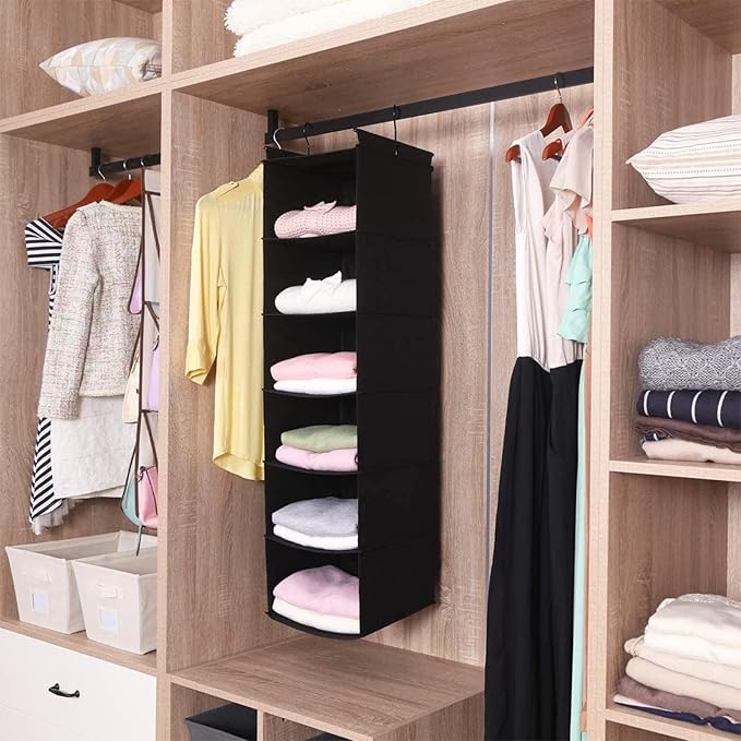 MAX Houser 6 Tier Shelf Hanging Closet Organizer, Closet Hanging Shelf with 2 Sturdy Hooks for Storage, 2 Pack, Foldable (Bla
