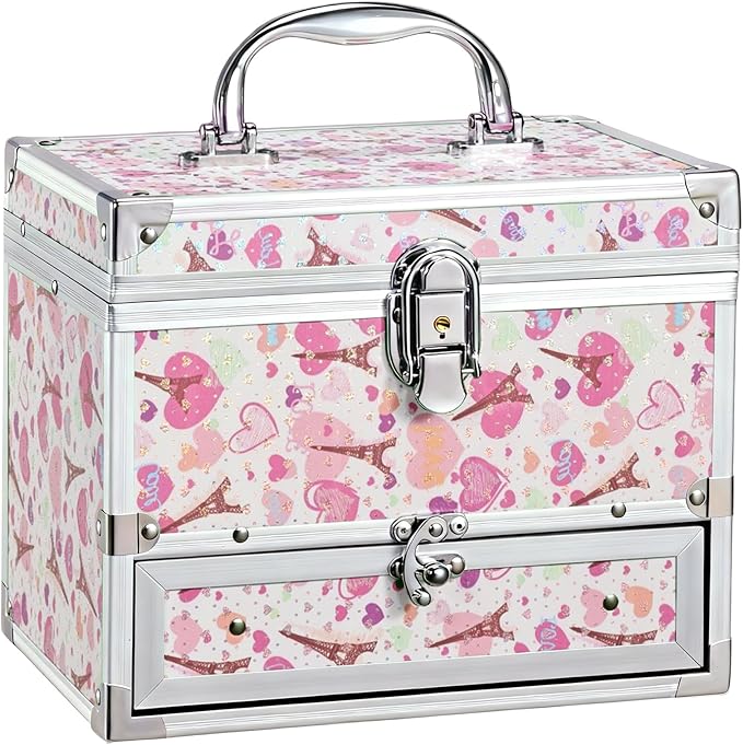 Hododou Girls Jewelry Box Organizer with Drawer & Mirror, Shiny Pink Style Lockable Storage Case for Kid or Little Girls Jewe