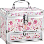 Hododou Girls Jewelry Box Organizer with Drawer & Mirror, Shiny Pink Style Lockable Storage Case for Kid or Little Girls Jewe