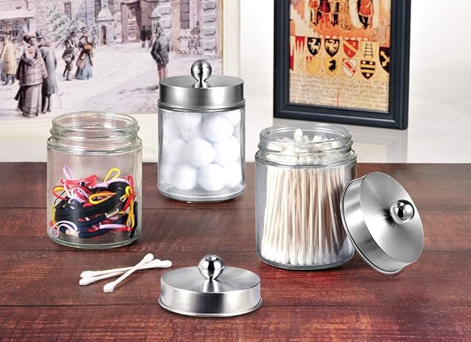 Amolliar 4Pc Apothecary Jars Bathroom Vanity Storage Organizer Set -Countertop Canister with Stainless Steel Lids &Stickers -