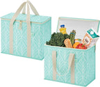 VENO 2 Pack Cooler Bag, Insulated Grocery Bags for Food Delivery, Collapsible Cooler, Reusable Shopping Bags for Groceries, Hard Bottom, Zippered, Foldable (Evergreen, 2 Pack)