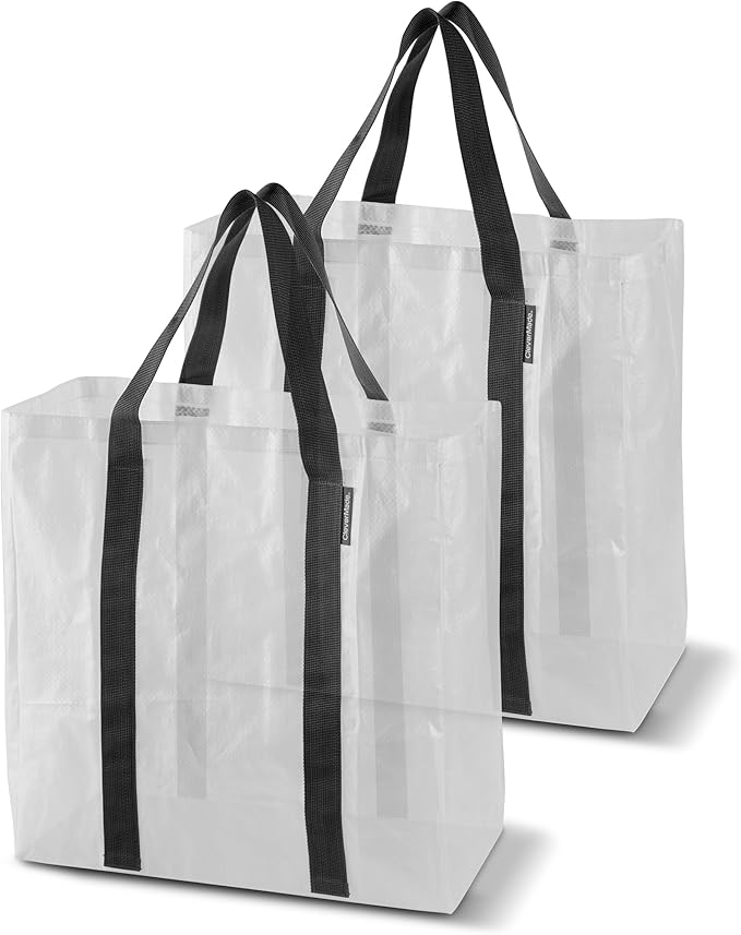 CleverMade Tall Frakta Reusable Grocery Tote - 42L - Pack of 2 - Transparent - Collapsible Storage Shopping Organizer - Heavy