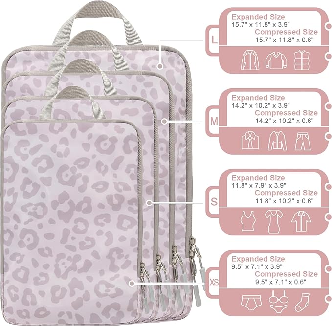 WOOMADA Compression Packing Cubes for Suitcases Travel Essentials 4 Set Expandable Travel Bags Organizer for Luggage(pink leo