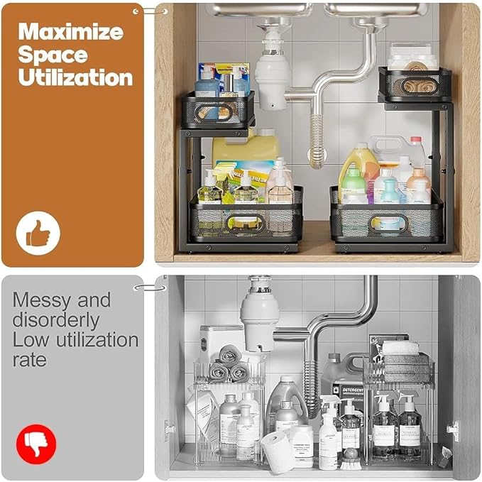 1 Pack 15.7IN-Depth Under Sink Organizer With Smooth Cylindrical Rail,2-Tier Pull Out Multi-Purpose Cabinet Storage for Bathr