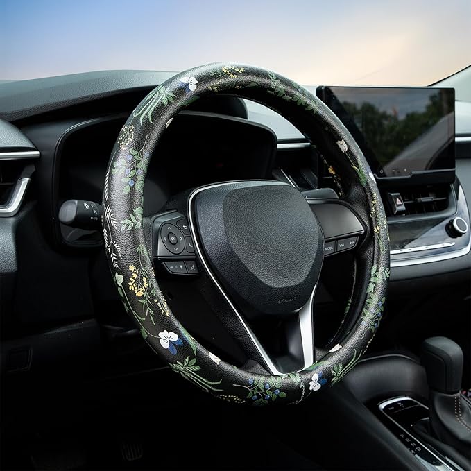 Boho Floral Steering Wheel Cover Auto Leather Steering Wheel Protector, Anti-Slip, Breathable, Absorbing Sweat, Universal Flo