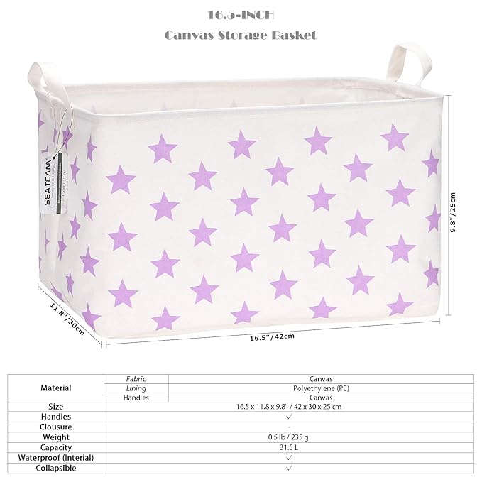Sea Team Collapsible Canvas Fabric Storage Basket with Handles, Rectangle Waterproof Storage Bin, Box, Cube, Foldable Shelf B