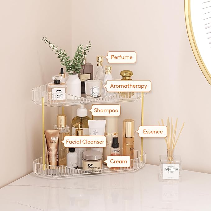 Lifewit 2-Tier Corner Bathroom Counter Organizer, Plastic Makeup Skincare Organizers Storage Countertop, Large Sink Cosmetic 