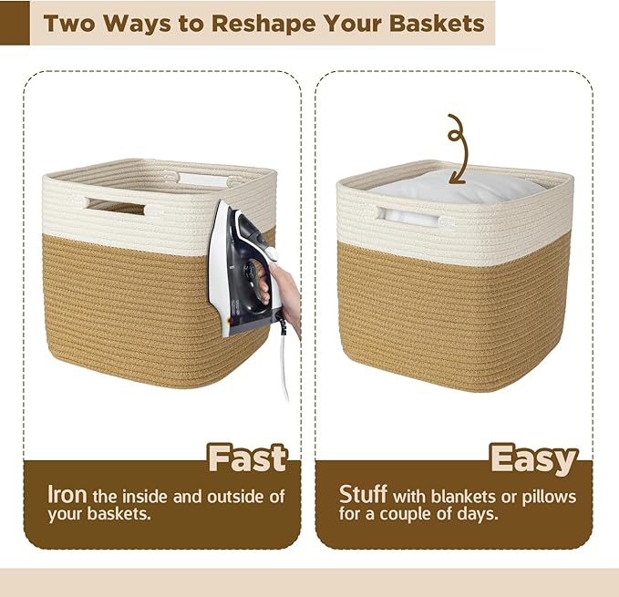 AELS Hand Woven Cotton Baskets for Storage, Cube Storage Bins with Handles, Foldable Collapsible Closet Organizers and Storag