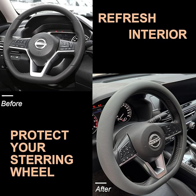 PINCTROT D Shaped Nappa Leather Steering Wheel Cover, Slim Fit No Bulk Design, One Piece Leather with Breathable Perforation,