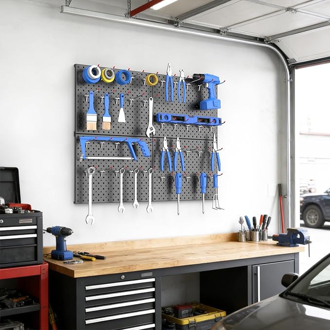 WALMANN 12"x16" Metal Pegboard Panels and Hooks for Garage, Tool Storage Pegboard with Hook - Compatible with 1/8" & 1/4" Hoo