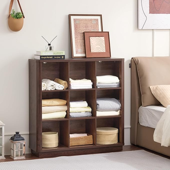 Joaxswe 9 Cube Bookshelf, 40.5" Wide Organizer Bookcase with Curved Edge, Wood Floor Standing 3-Tier Cubby Book Shelf with Ba