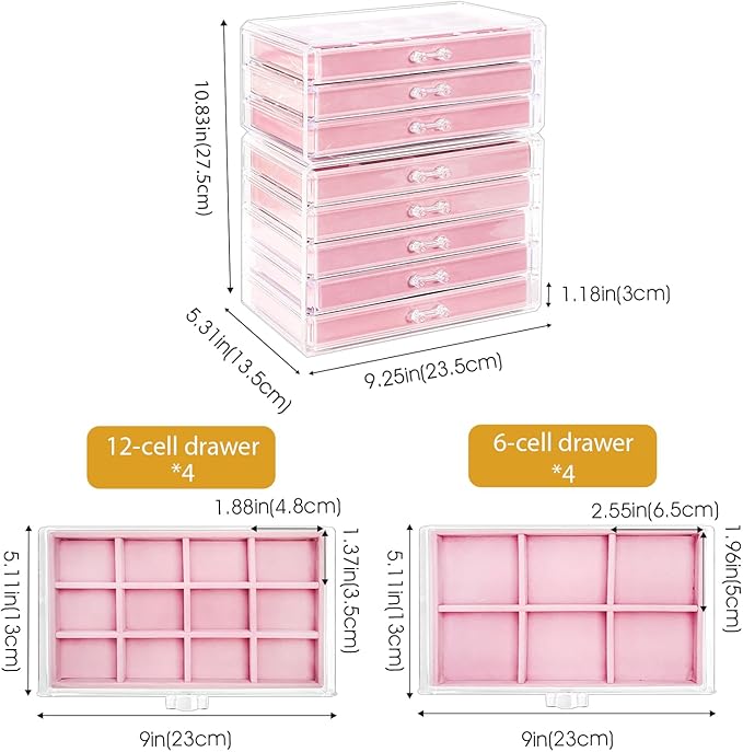 ProCase Earring Holder Organizer Jewelry Box with 8 Drawers, Acrylic Clear Earring Case with Adjustable Velvet Trays for Wome